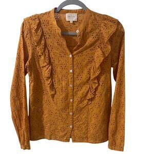 Sézane Isaure Eyelet Ruffle Button-Front Shirt Saffran Cotton, size 2 (XS)